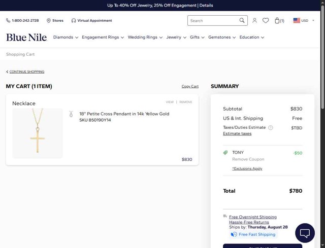 Blue Nile checkout page showing Blue Nile promo code box | Screenshot taken by SimplyCodes community member on Aug 23, 2025