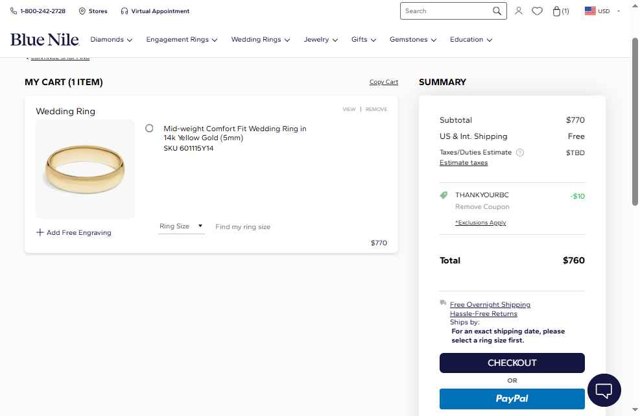 Blue Nile checkout page showing Blue Nile promo code box | Screenshot taken by SimplyCodes community member on Aug 16, 2025