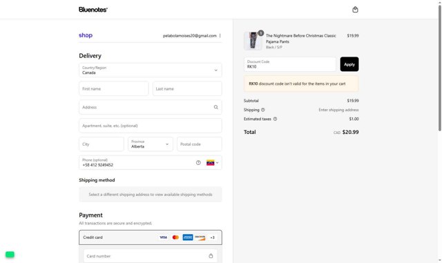 Bluenotes checkout page showing Bluenotes promo code box | Screenshot taken by SimplyCodes community member on Aug 29, 2025
