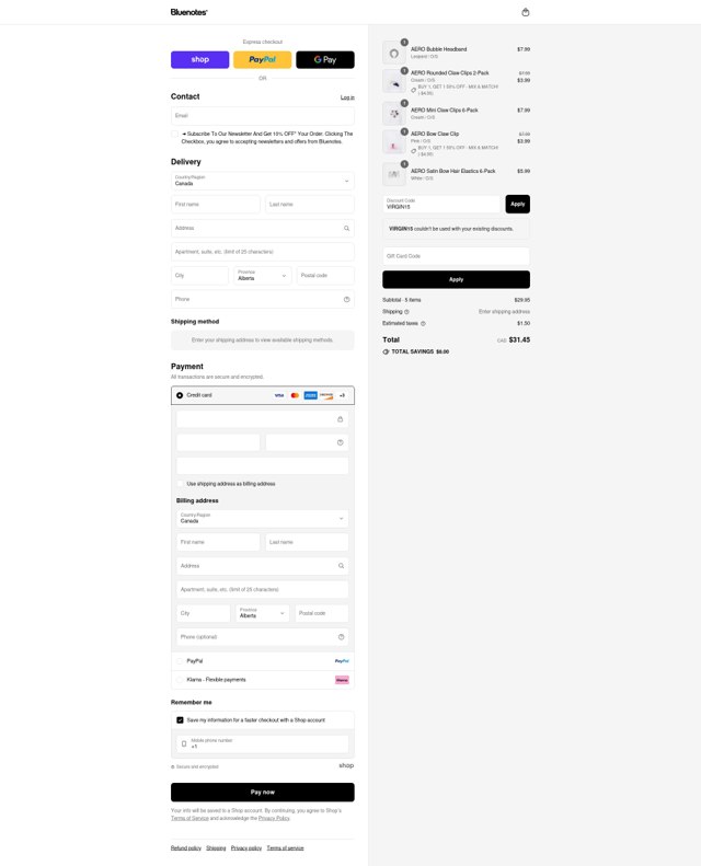 Bluenotes checkout page showing Bluenotes promo code box | Screenshot taken by SimplyCodes community member on Aug 29, 2025