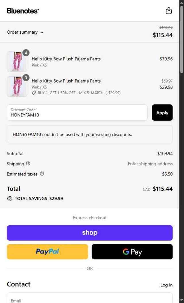Bluenotes checkout page showing Bluenotes promo code box | Screenshot taken by SimplyCodes community member on Aug 29, 2025