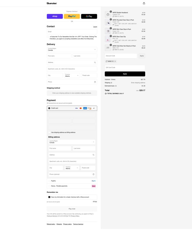 Bluenotes checkout page showing Bluenotes promo code box | Screenshot taken by SimplyCodes community member on Aug 29, 2025