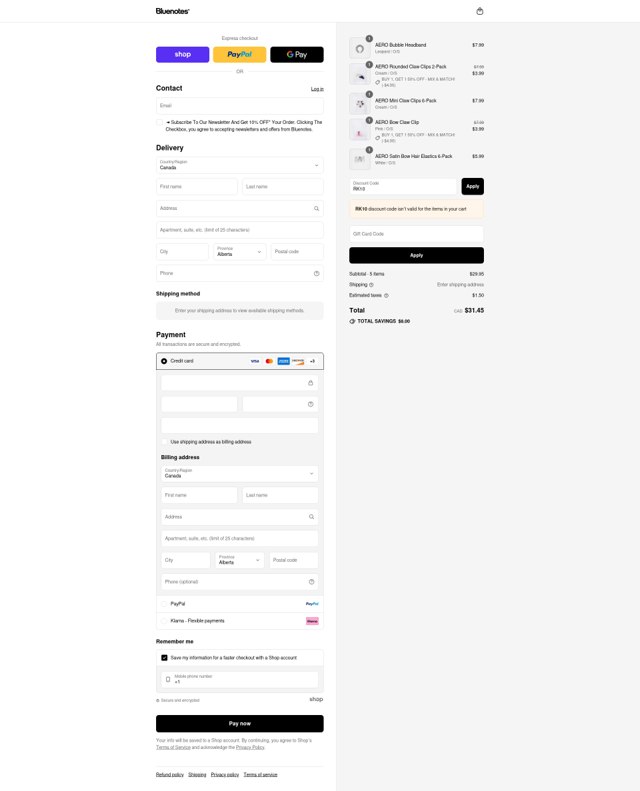 Bluenotes checkout page showing Bluenotes promo code box | Screenshot taken by SimplyCodes community member on Aug 29, 2025