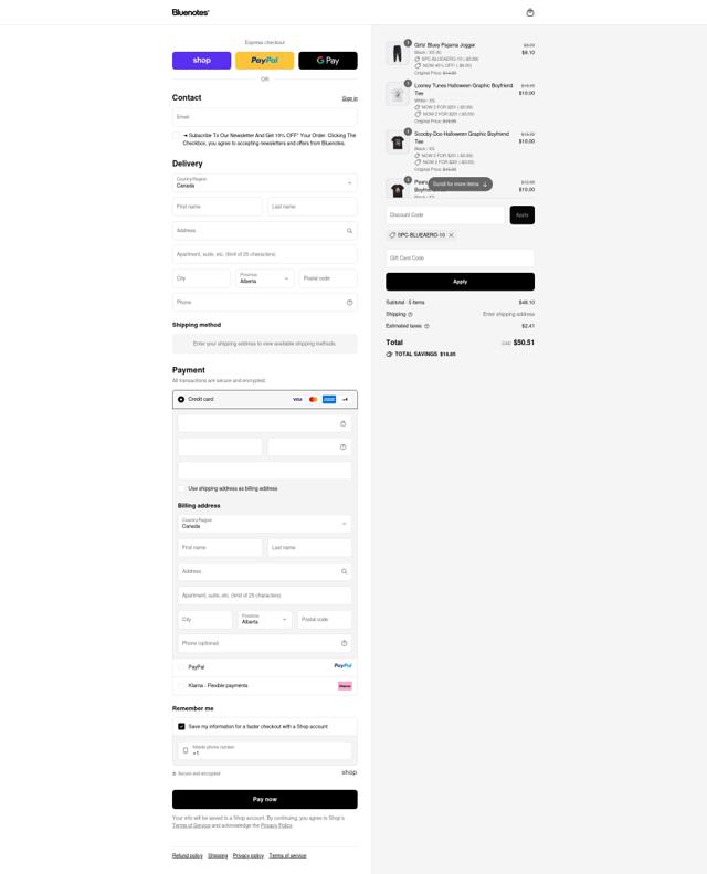 Bluenotes checkout page showing Bluenotes promo code box | Screenshot taken by SimplyCodes community member on Sep 10, 2025
