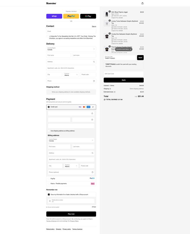 Bluenotes checkout page showing Bluenotes promo code box | Screenshot taken by SimplyCodes community member on Sep 10, 2025