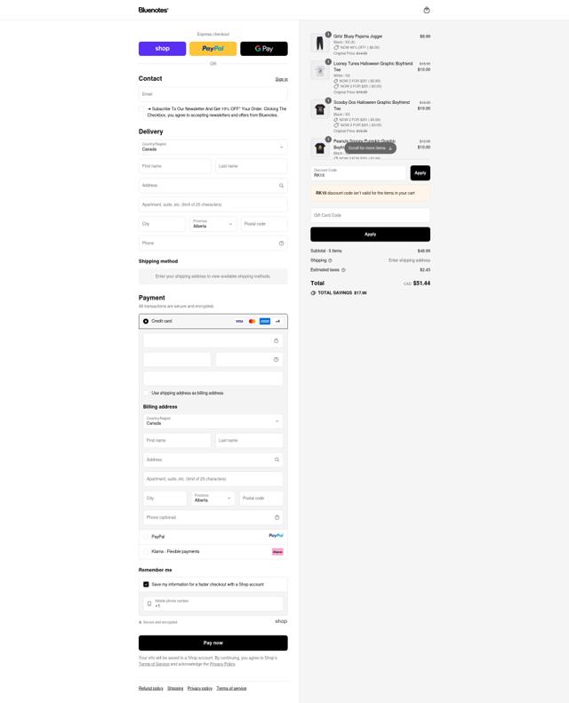 Bluenotes checkout page showing Bluenotes promo code box | Screenshot taken by SimplyCodes community member on Sep 10, 2025