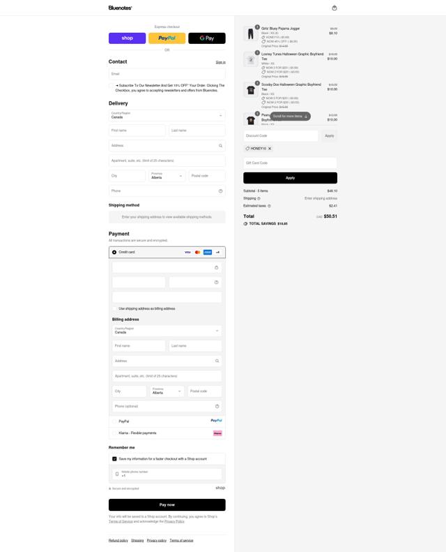 Bluenotes checkout page showing Bluenotes promo code box | Screenshot taken by SimplyCodes community member on Sep 10, 2025
