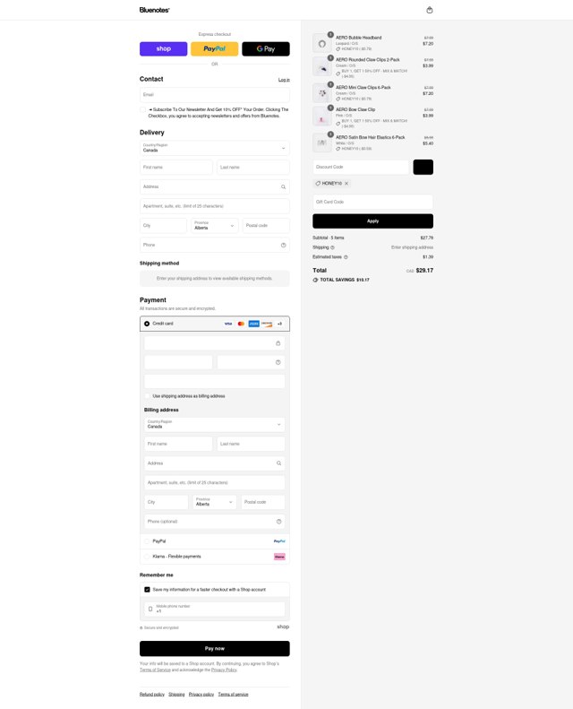 Bluenotes checkout page showing Bluenotes promo code box | Screenshot taken by SimplyCodes community member on Aug 29, 2025