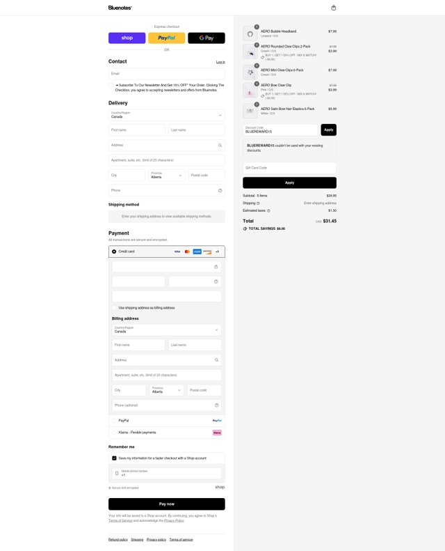 Bluenotes checkout page showing Bluenotes promo code box | Screenshot taken by SimplyCodes community member on Aug 29, 2025