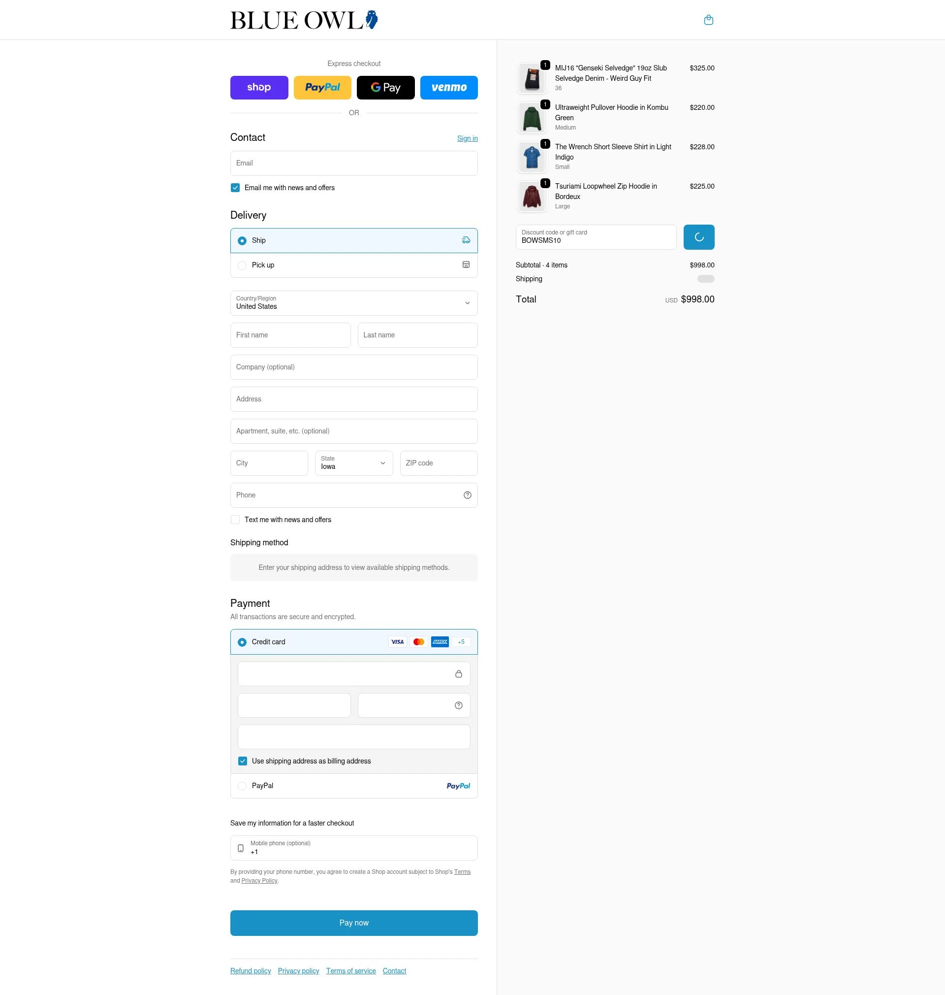 Blue Owl checkout page showing Blue Owl discount code box | Screenshot taken by SimplyCodes community member on Feb 12, 2026