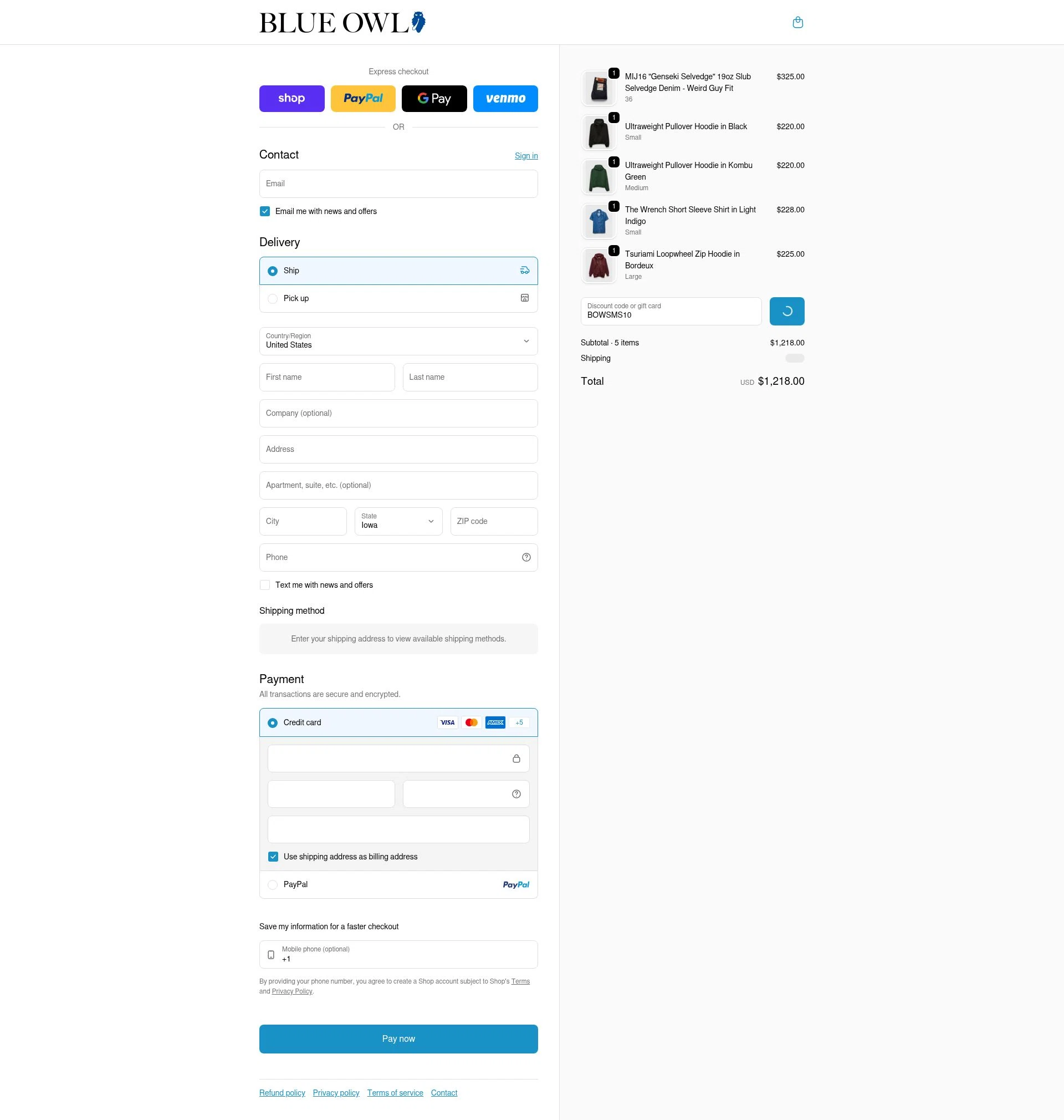 Blue Owl checkout page showing Blue Owl discount code box | Screenshot taken by SimplyCodes community member on Feb 7, 2026