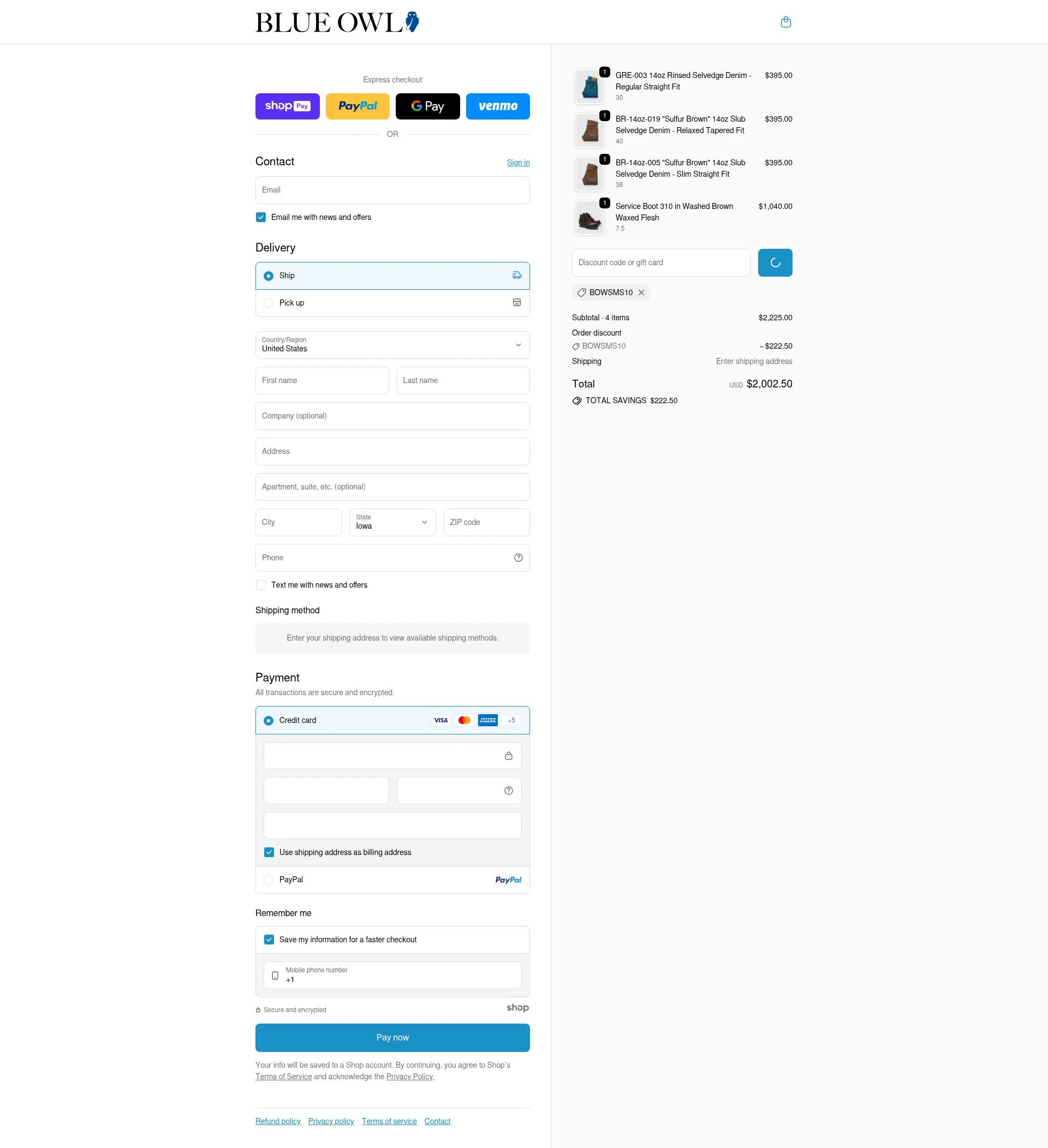 Blue Owl checkout page showing Blue Owl discount code box | Screenshot taken by SimplyCodes community member on Jan 11, 2026