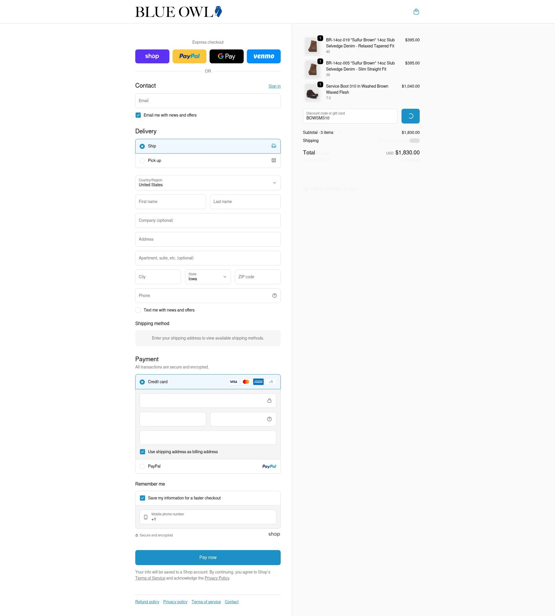 Blue Owl checkout page showing Blue Owl discount code box | Screenshot taken by SimplyCodes community member on Jan 30, 2026
