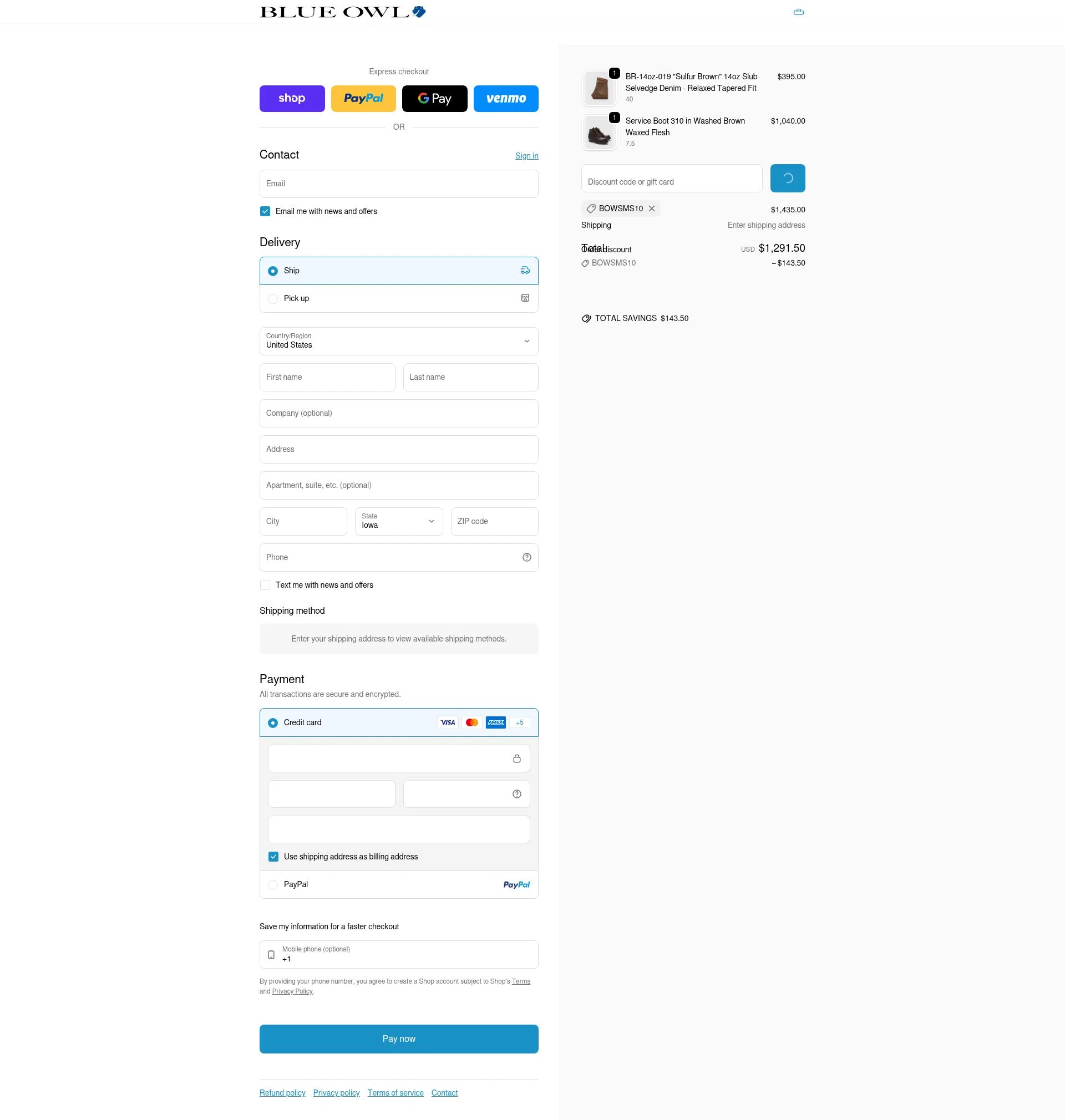 Blue Owl checkout page showing Blue Owl discount code box | Screenshot taken by SimplyCodes community member on Feb 3, 2026