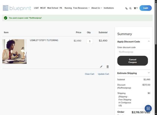 Blueprint Tutoring checkout page showing Blueprint Tutoring promo code box | Screenshot taken by SimplyCodes community member on Jul 31, 2025