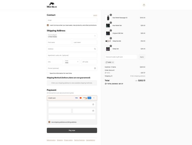 Blue Sky CBD checkout page showing Blue Sky CBD promo code box | Screenshot taken by SimplyCodes community member on Sep 7, 2025