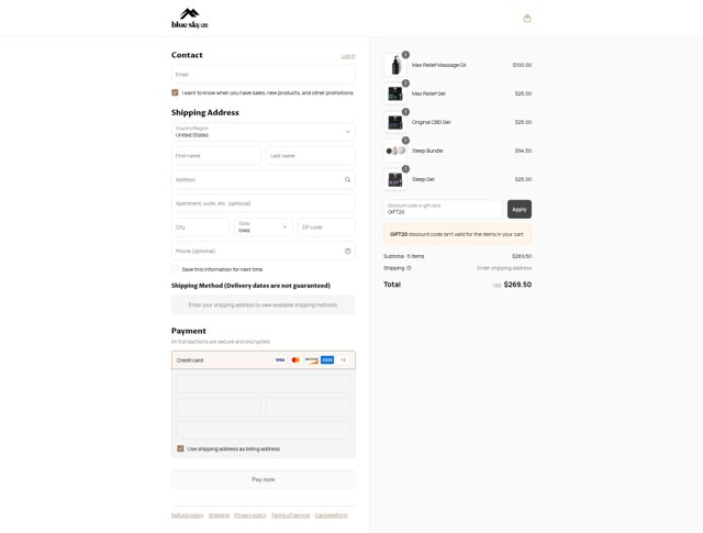 Blue Sky CBD checkout page showing Blue Sky CBD promo code box | Screenshot taken by SimplyCodes community member on Sep 7, 2025