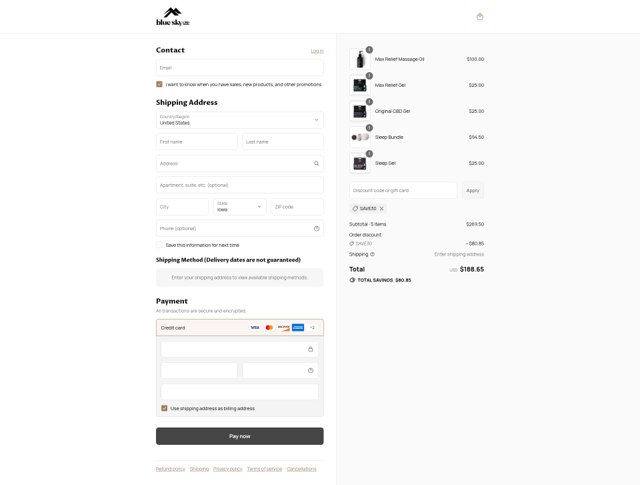 Blue Sky CBD checkout page showing Blue Sky CBD promo code box | Screenshot taken by SimplyCodes community member on Sep 7, 2025