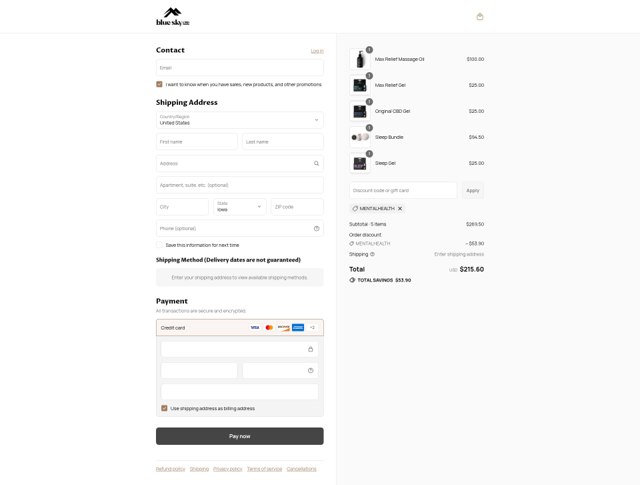 Blue Sky CBD checkout page showing Blue Sky CBD promo code box | Screenshot taken by SimplyCodes community member on Sep 7, 2025