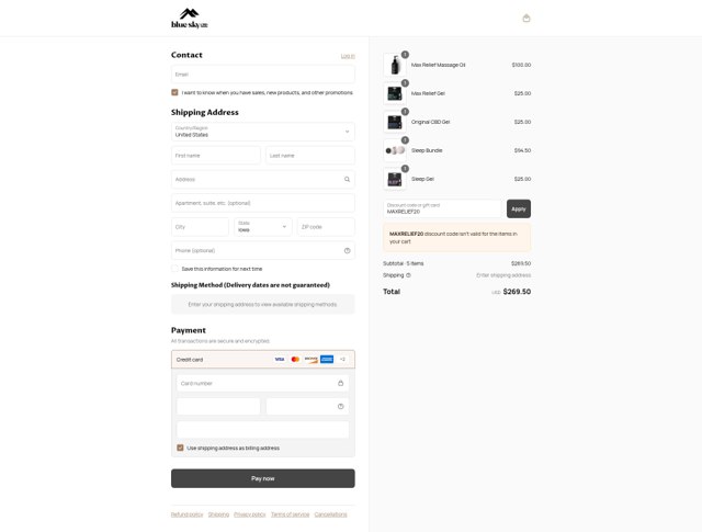 Blue Sky CBD checkout page showing Blue Sky CBD promo code box | Screenshot taken by SimplyCodes community member on Sep 7, 2025