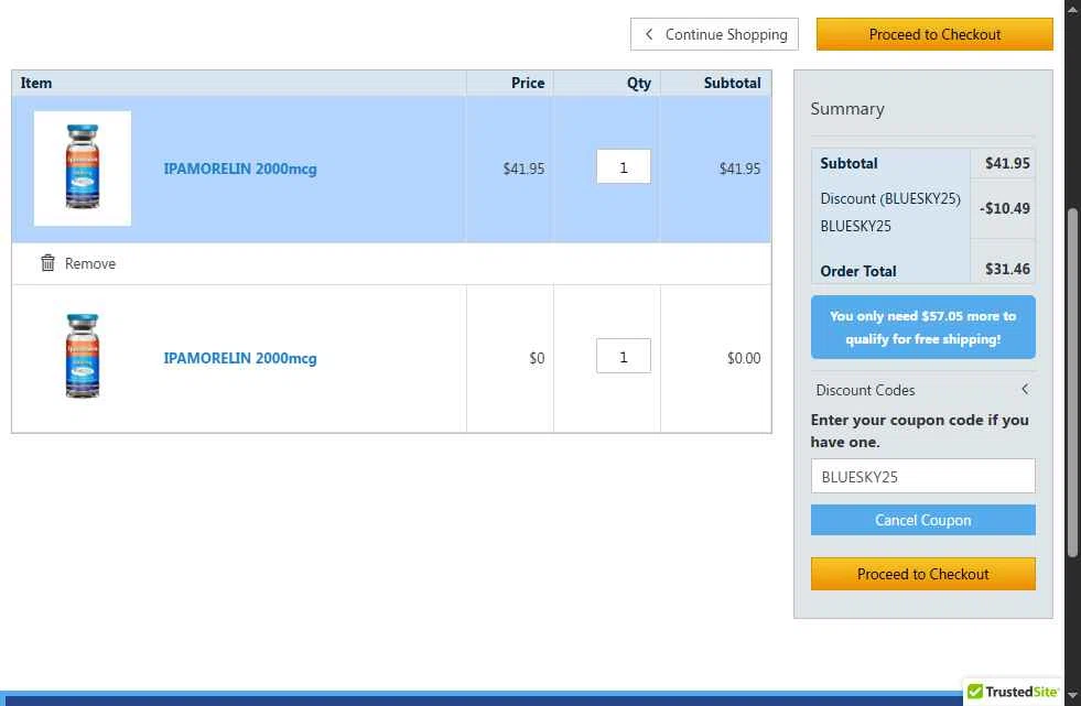 Blue Sky Peptide checkout page showing Blue Sky Peptide coupon code box | Screenshot taken by SimplyCodes community member on Jan 22, 2026