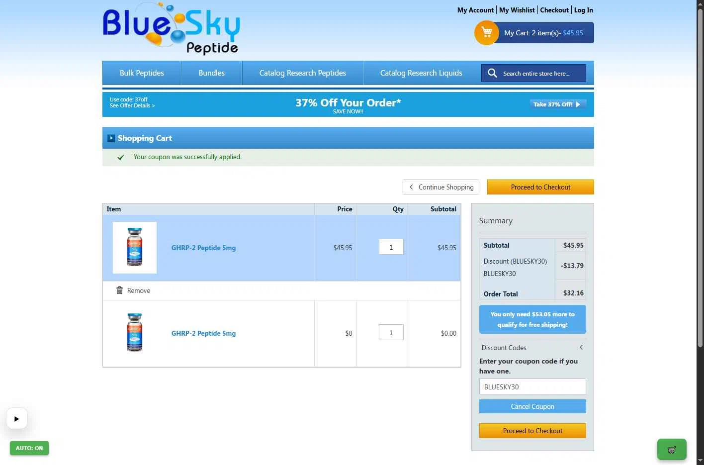 Blue Sky Peptide checkout page showing Blue Sky Peptide coupon code box | Screenshot taken by SimplyCodes community member on Jan 22, 2026