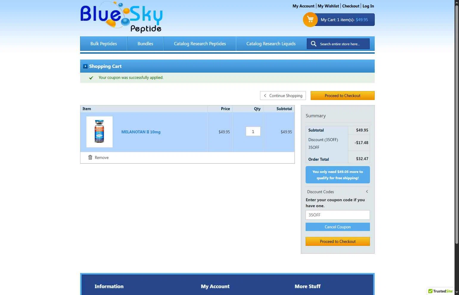 Blue Sky Peptide checkout page showing Blue Sky Peptide coupon code box | Screenshot taken by SimplyCodes community member on Jan 6, 2026