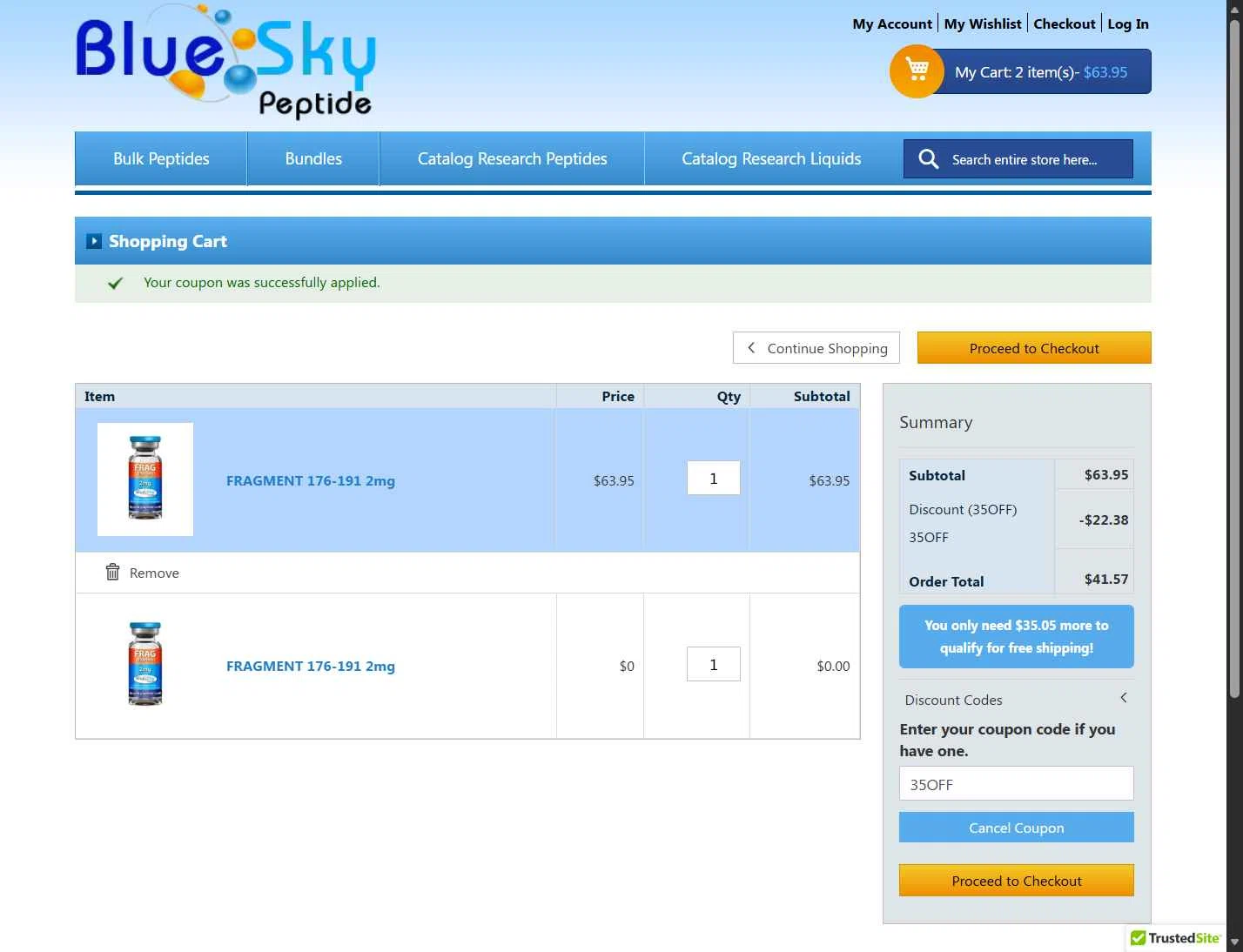 Blue Sky Peptide checkout page showing Blue Sky Peptide coupon code box | Screenshot taken by SimplyCodes community member on Jan 27, 2026