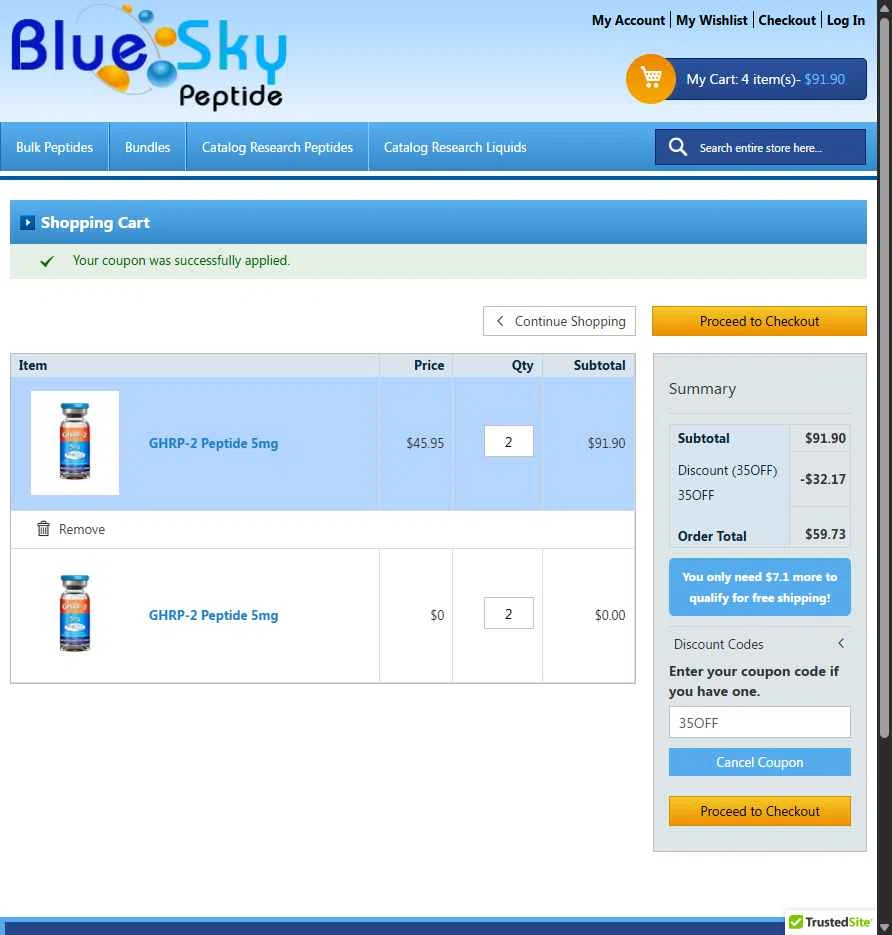 Blue Sky Peptide checkout page showing Blue Sky Peptide coupon code box | Screenshot taken by SimplyCodes community member on Jan 13, 2026