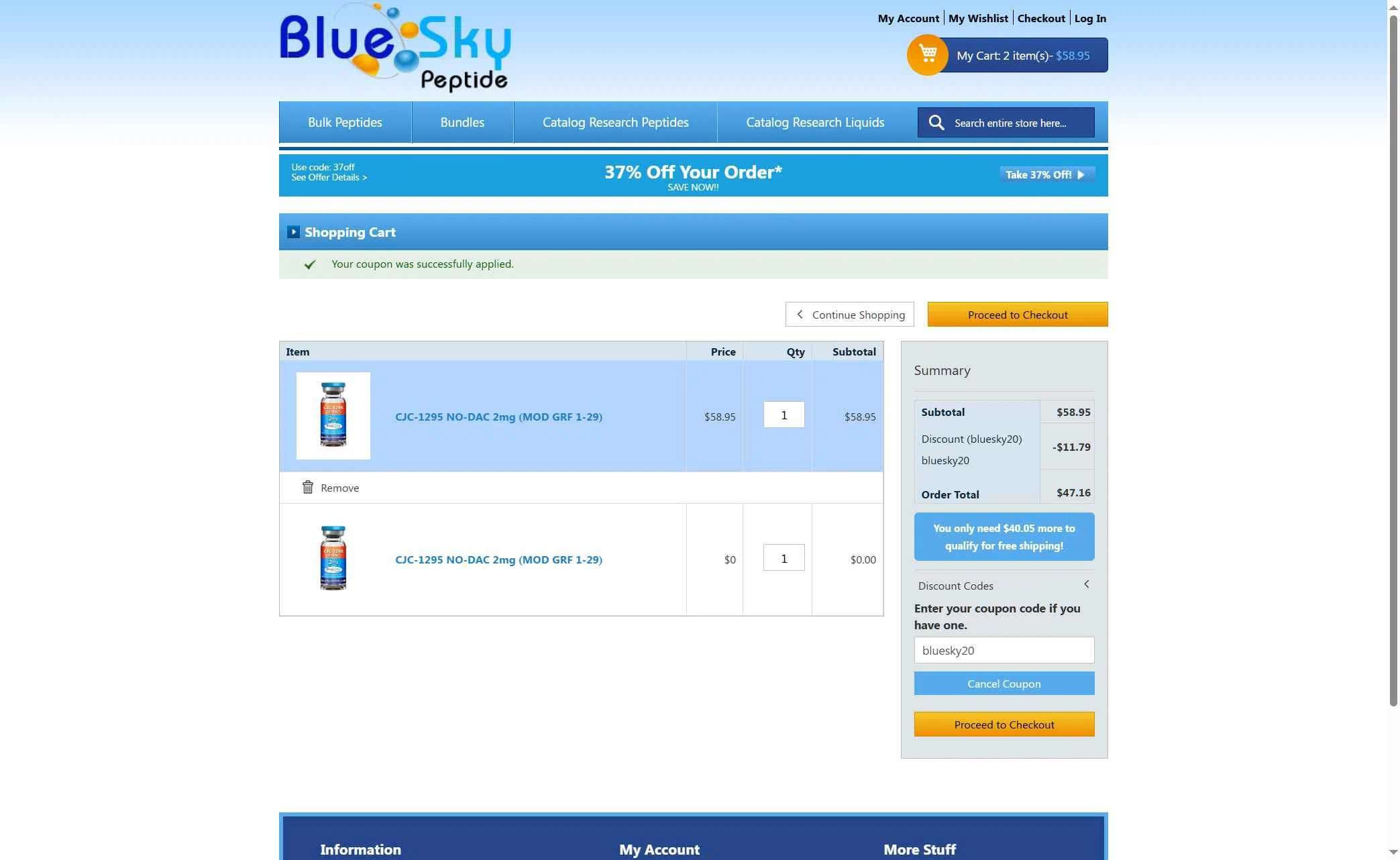 Blue Sky Peptide checkout page showing Blue Sky Peptide coupon code box | Screenshot taken by SimplyCodes community member on Jan 22, 2026