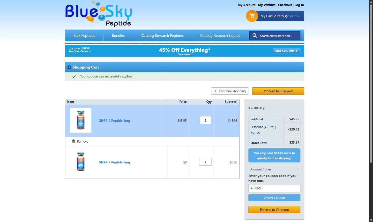 Blue Sky Peptide checkout page showing Blue Sky Peptide coupon code box | Screenshot taken by SimplyCodes community member on Jan 30, 2026