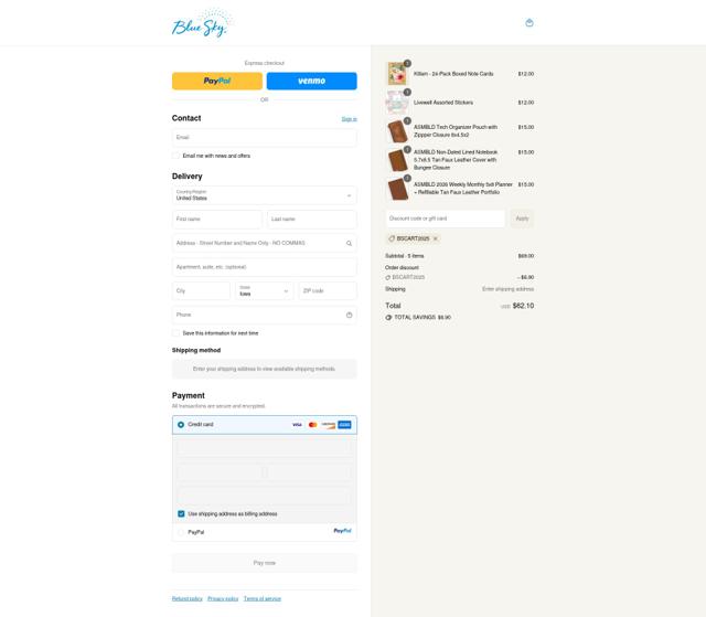 Blue Sky Planner checkout page showing Blue Sky Planner promo code box | Screenshot taken by SimplyCodes community member on Sep 12, 2025