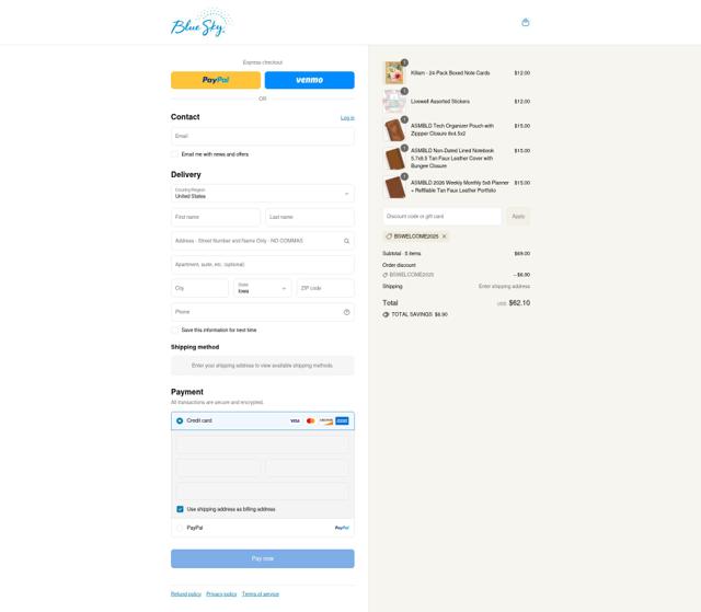 Blue Sky Planner checkout page showing Blue Sky Planner promo code box | Screenshot taken by SimplyCodes community member on Sep 4, 2025