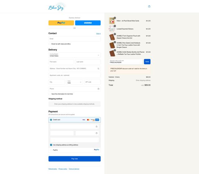 Blue Sky Planner checkout page showing Blue Sky Planner promo code box | Screenshot taken by SimplyCodes community member on Sep 12, 2025