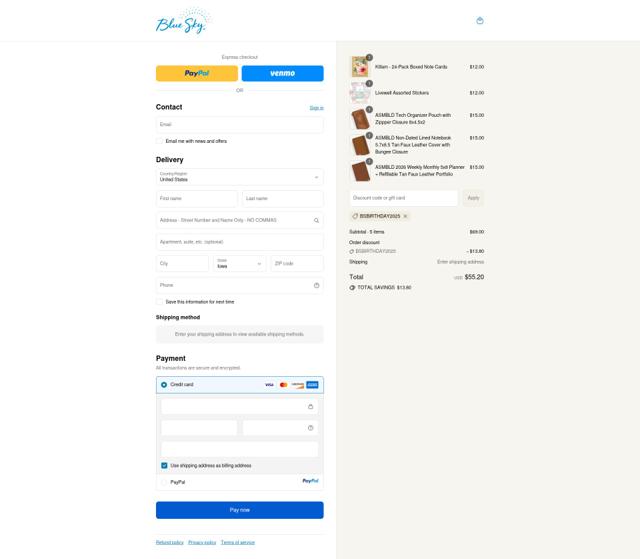 Blue Sky Planner checkout page showing Blue Sky Planner promo code box | Screenshot taken by SimplyCodes community member on Sep 12, 2025