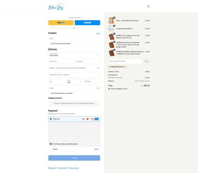 Blue Sky Planner checkout page showing Blue Sky Planner promo code box | Screenshot taken by SimplyCodes community member on Sep 8, 2025