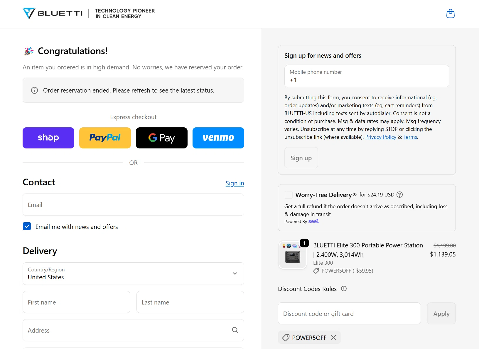 Bluetti promo code screenshot showing code Power5off applied at Bluetti checkout page. Uploaded by SimplyCodes community member Cashbonbon on Jun 5, 2026