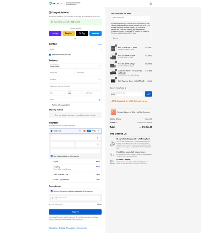 Bluetti checkout page showing Bluetti discount code box | Screenshot taken by SimplyCodes community member on Sep 6, 2025