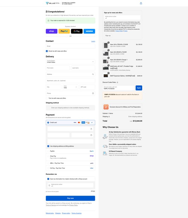 Bluetti checkout page showing Bluetti discount code box | Screenshot taken by SimplyCodes community member on Sep 6, 2025