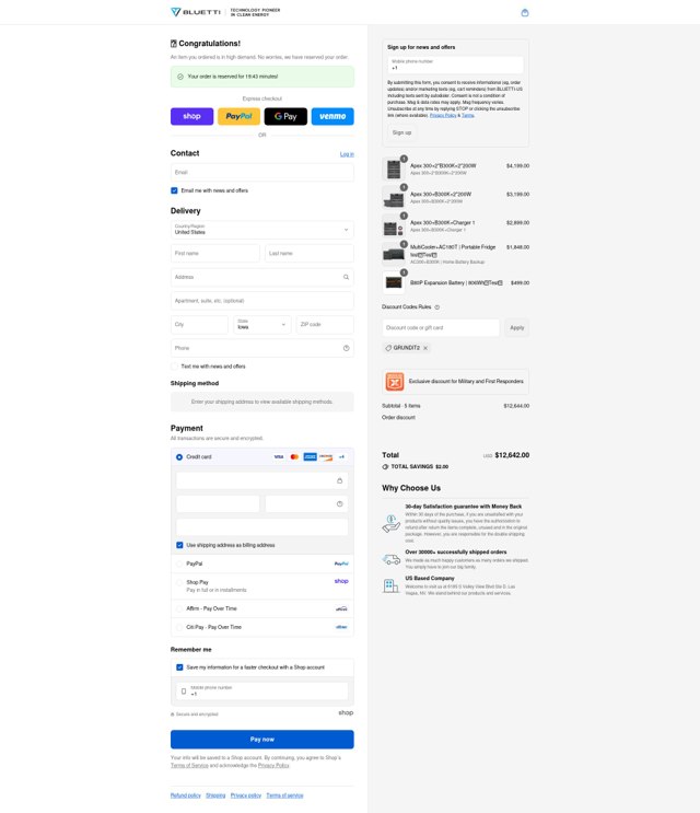 Bluetti checkout page showing Bluetti discount code box | Screenshot taken by SimplyCodes community member on Sep 6, 2025