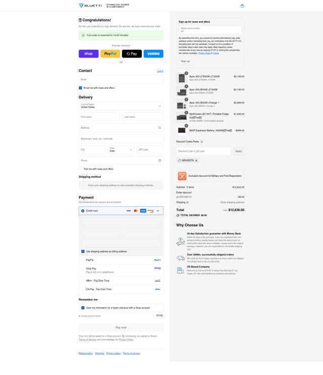 Bluetti checkout page showing Bluetti discount code box | Screenshot taken by SimplyCodes community member on Sep 6, 2025
