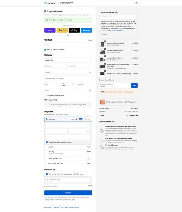 Bluetti checkout page showing Bluetti discount code box | Screenshot taken by SimplyCodes community member on Sep 6, 2025