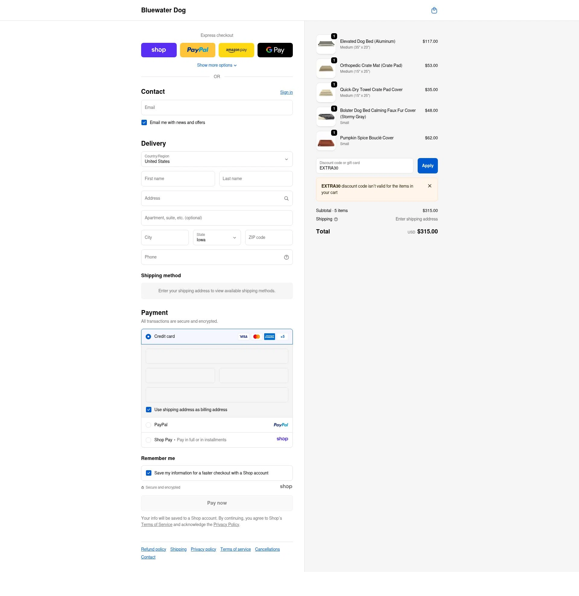 Bluewater Dog checkout page showing Bluewater Dog promo code box | Screenshot taken by SimplyCodes community member on Nov 30, 2025