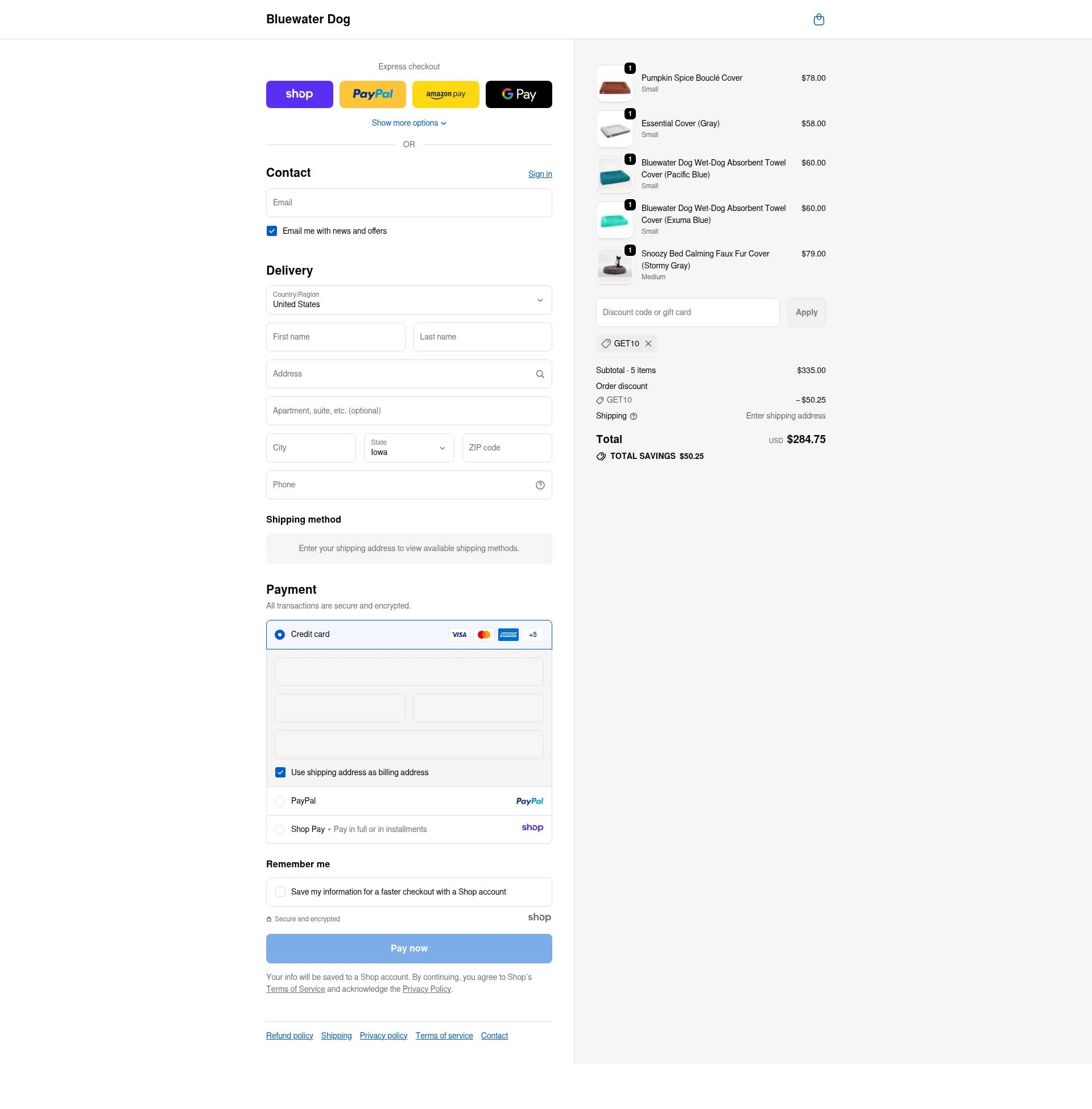 Bluewater Dog checkout page showing Bluewater Dog promo code box | Screenshot taken by SimplyCodes community member on Nov 4, 2025
