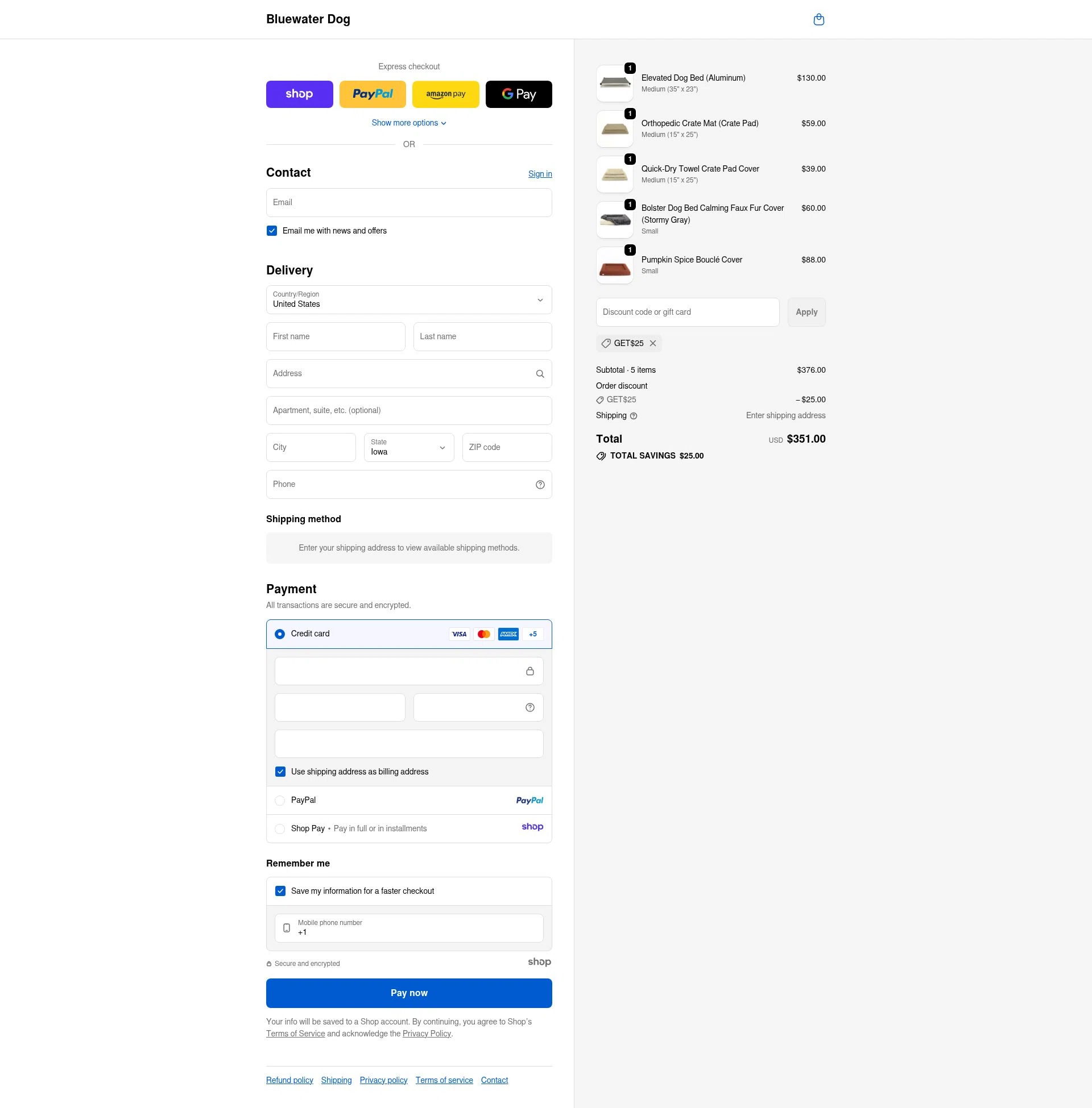 Bluewater Dog checkout page showing Bluewater Dog promo code box | Screenshot taken by SimplyCodes community member on Dec 11, 2025