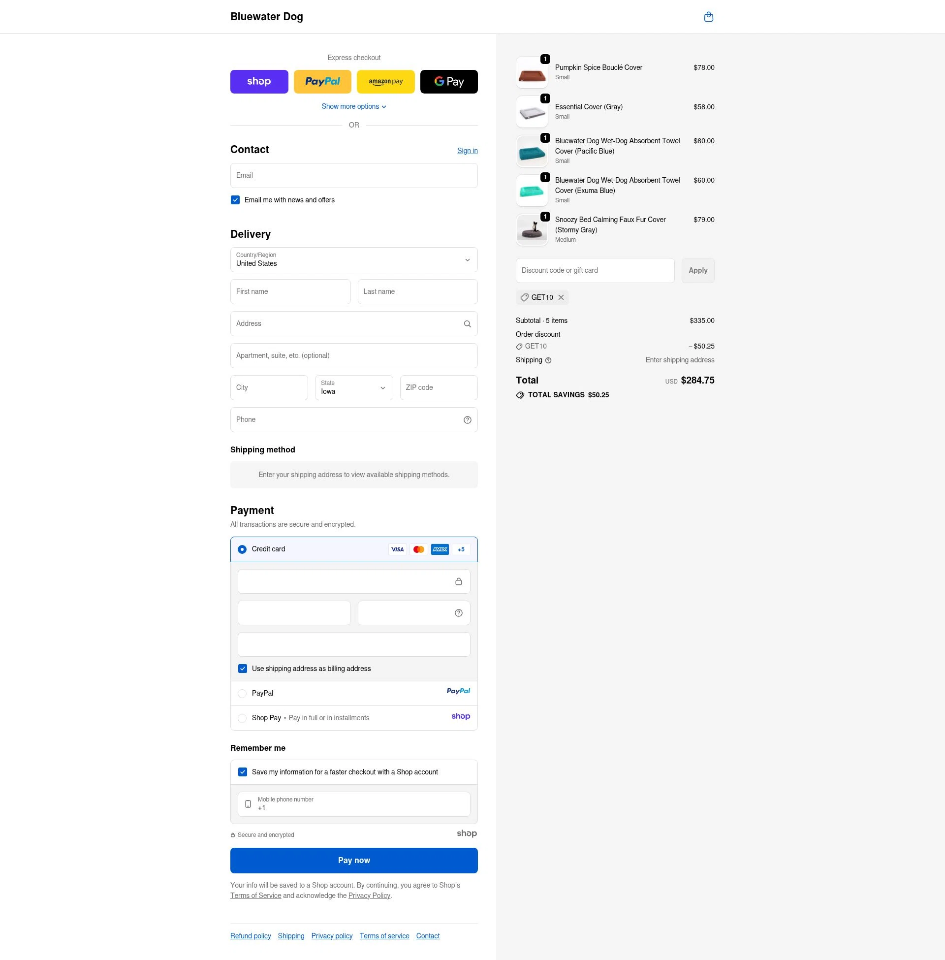 Bluewater Dog checkout page showing Bluewater Dog promo code box | Screenshot taken by SimplyCodes community member on Oct 28, 2025