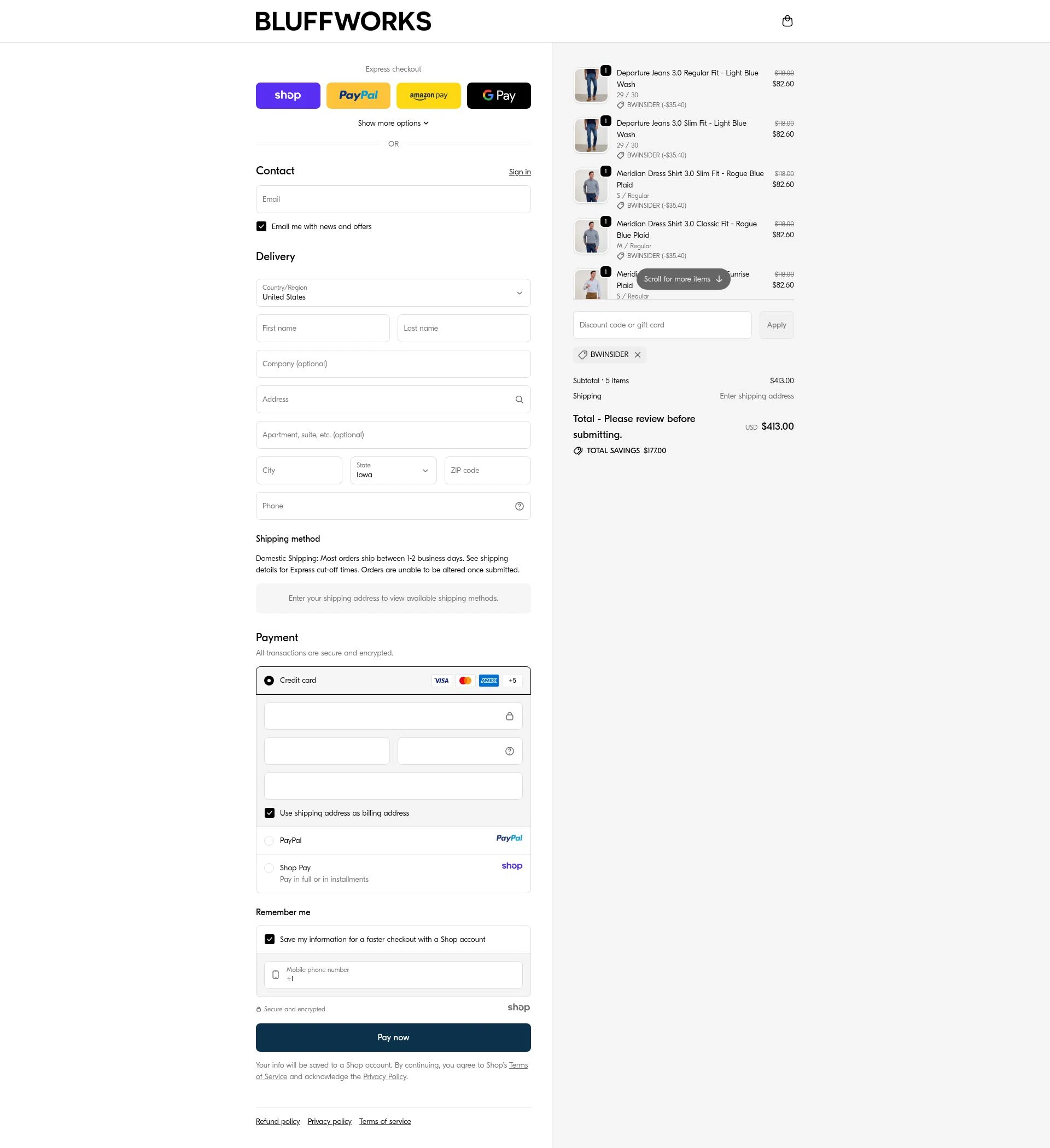 Bluffworks checkout page showing Bluffworks discount code box | Screenshot taken by SimplyCodes community member on Oct 9, 2025