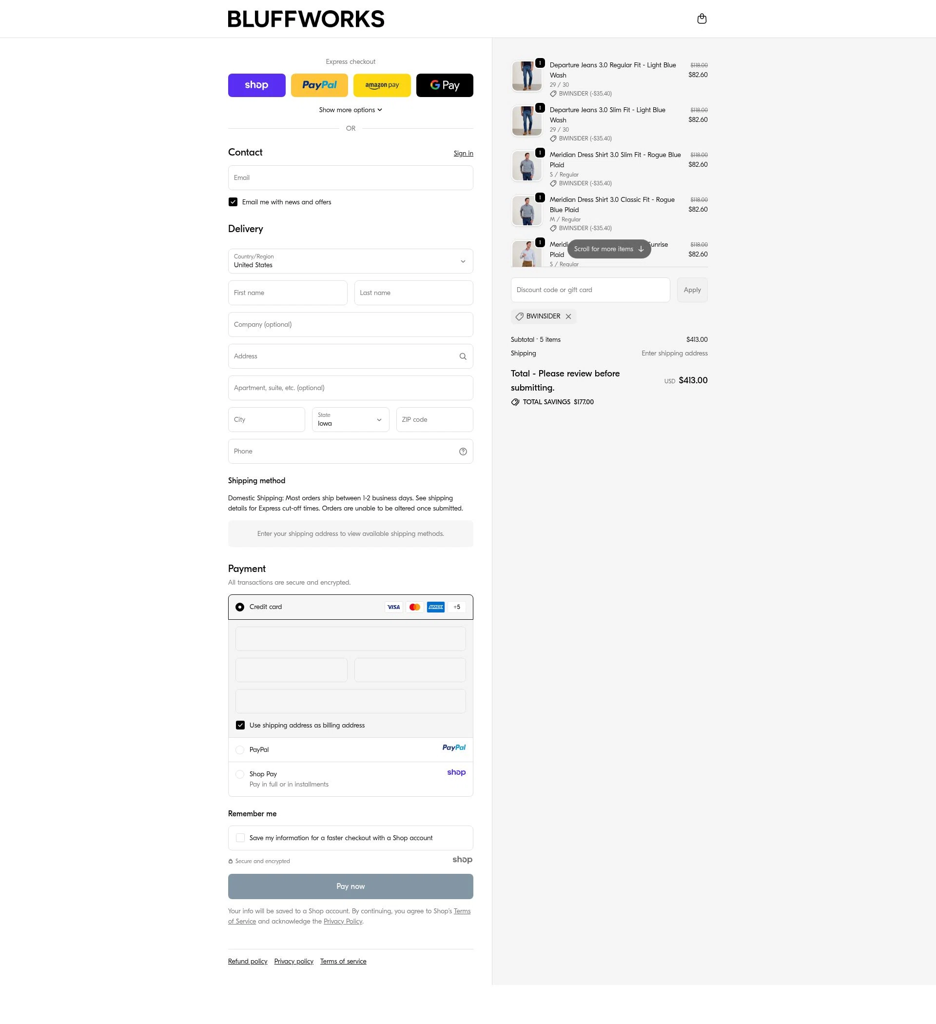 Bluffworks checkout page showing Bluffworks discount code box | Screenshot taken by SimplyCodes community member on Oct 13, 2025