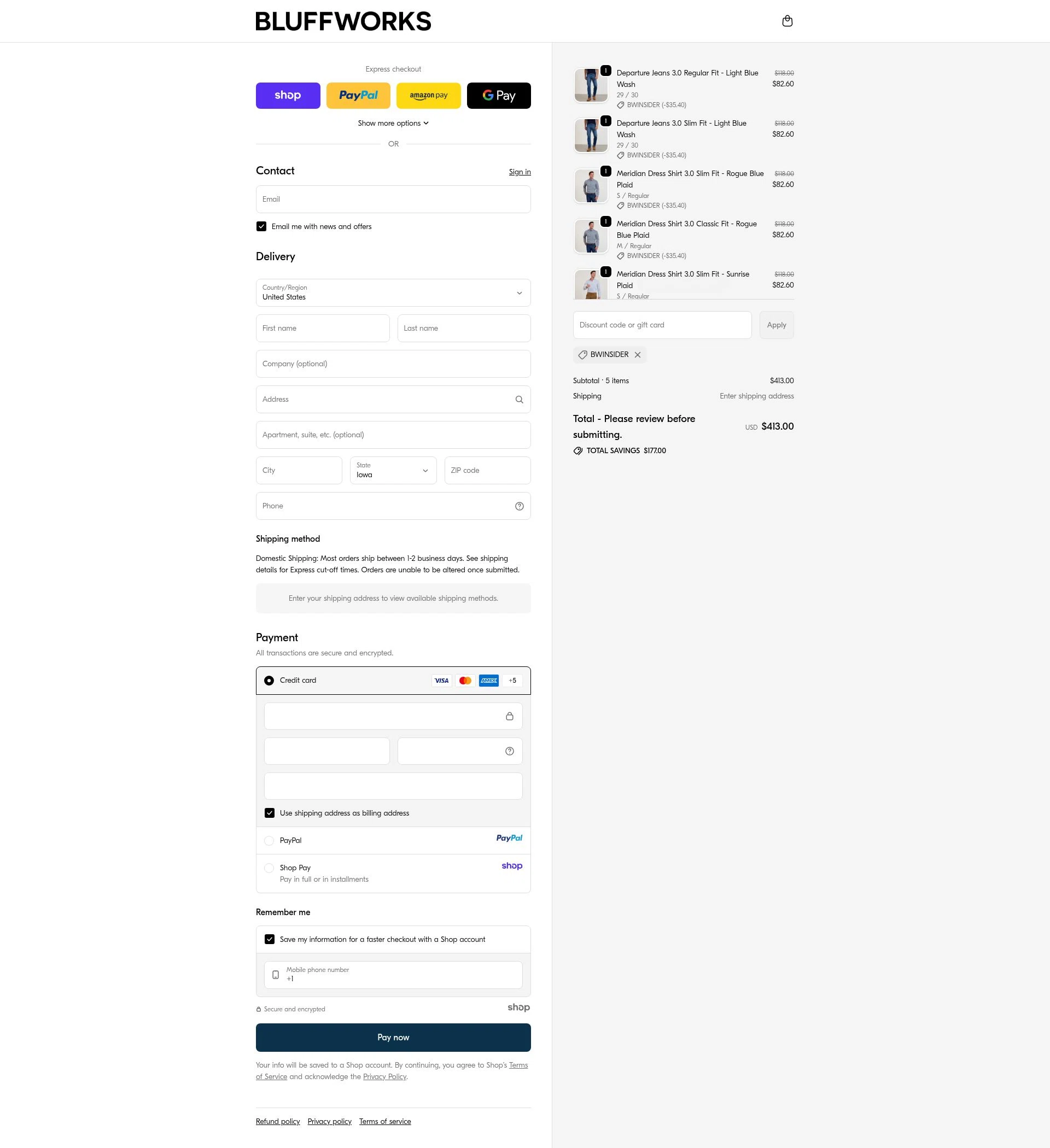 Bluffworks checkout page showing Bluffworks discount code box | Screenshot taken by SimplyCodes community member on Oct 17, 2025