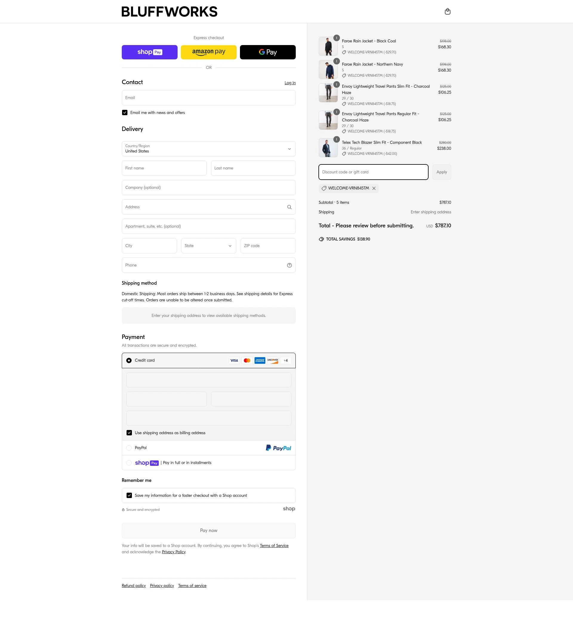 Bluffworks checkout page showing Bluffworks discount code box | Screenshot taken by SimplyCodes community member on Apr 3, 2025